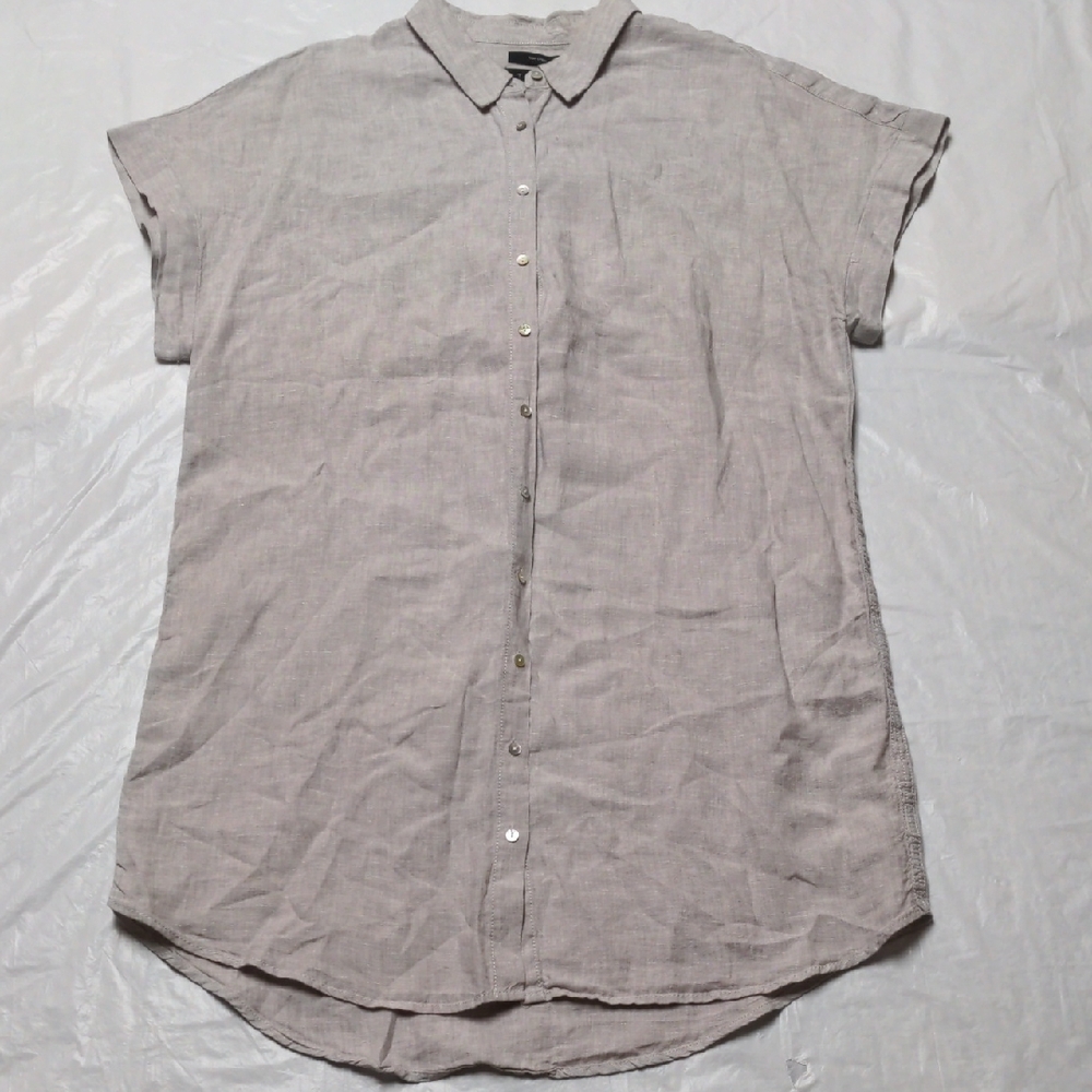Tahari 100% Linen Gray Lagenlook Shirt Dress Mother Of Pearl Buttons Sz 1X